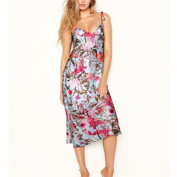 Victoria's Secret NWT Blue Floral Satin Tie Strap Midi Slip Dress Nightgown - Picture 1 of 12